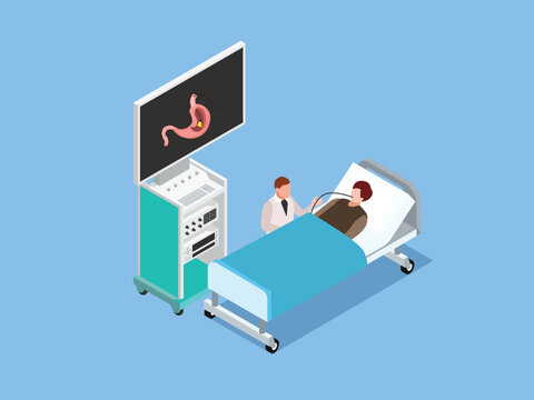 Doctor Sitting Next To The Patient Bed Doing Gastroscopy Isometric 3d Vector Concept For Illustration, Banner, Website, Landing Page, Flyer, Etc.