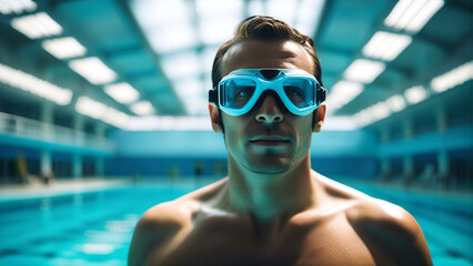 A man wearing goggles in swimming pool.