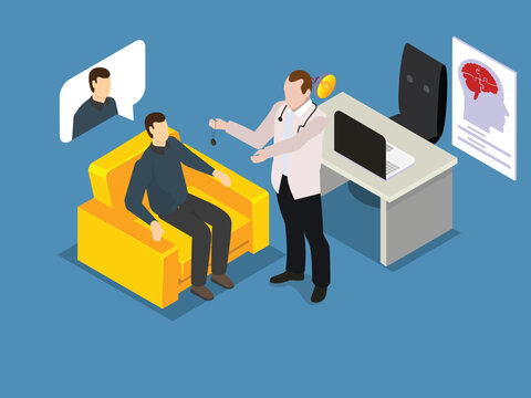 Man during session of hypnosis therapy isometric 3d vector concept for illustration, banner, website, landing page, flyer, etc.