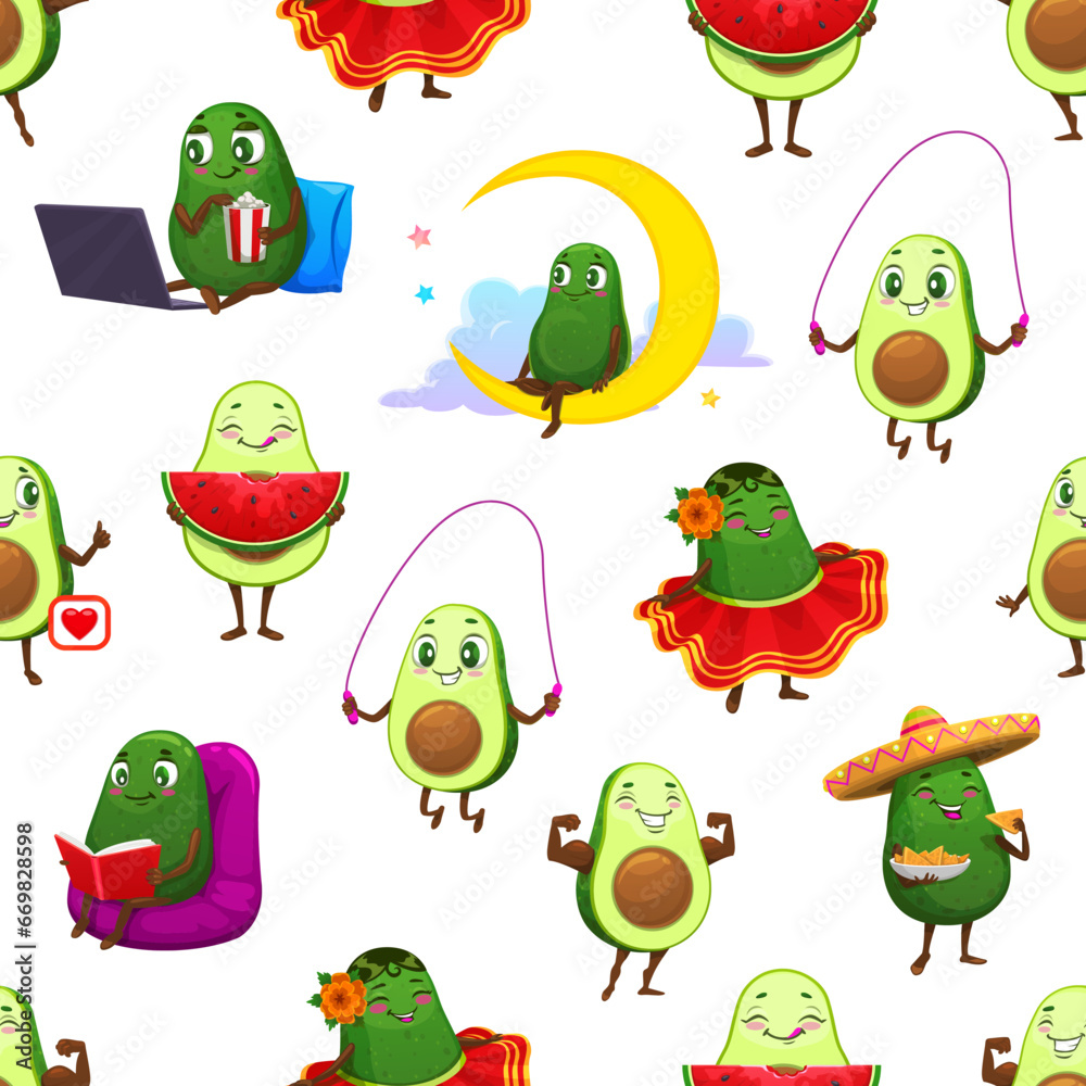 Poster Cartoon Mexican avocado characters seamless pattern. Fabric seamless print or wrapper vector backdrop. Textile pattern with avocado cheerful personages eating chips, reading book and watching movie