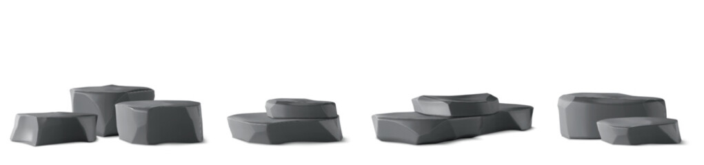 3d rock podium, stone stand for product display and presentation. Isolated realistic grey pedestal with rough texture. Natural minimal museum platform to show cosmetic. Blank geology step surface