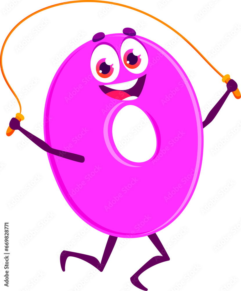 Poster Cartoon funny number zero 0 sportsman character. Mathematics cute digit, school math numeric symbol isolated vector cheerful personage. Arithmetic adorable zero number character jumping on rope