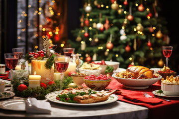 Fototapeta premium Christmas themed dinner table with variaty of delisious dishes