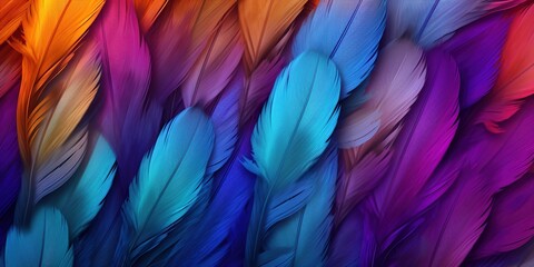 Colorful Feathered Symphony: An abstract image resembling a symphony of colorful feathers, arranged in harmonious patterns and bold, exotic colors, conjuring a sense of elegance and vivacity. - obrazy, fototapety, plakaty