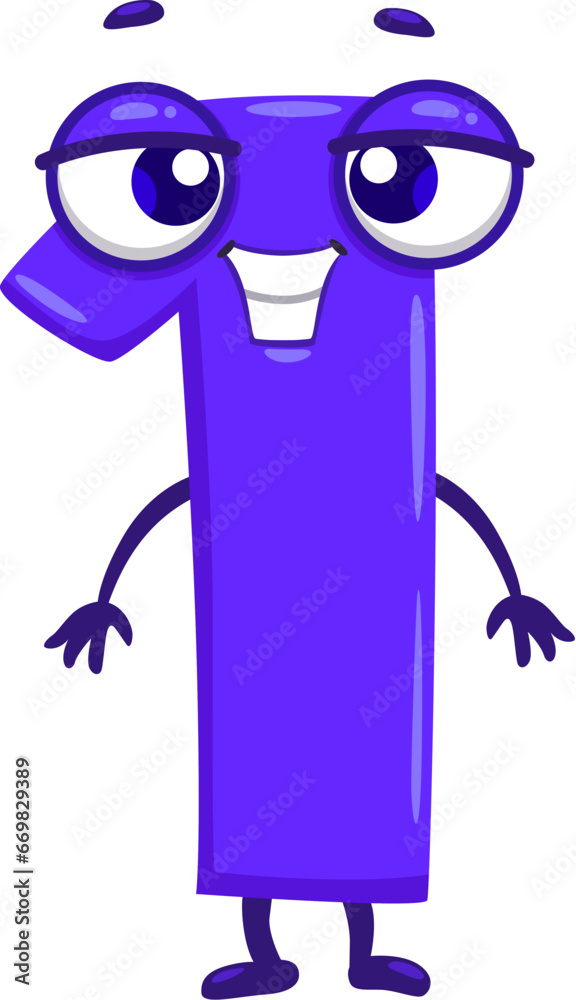 Aufkleber Cartoon funny math number one character. Mathematics cute numeric symbol, arithmetic number isolated vector cheerful personage. School math, kids education 1 digit funny character
