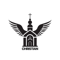 Christian Logo template with church, temple and dove wings. Black and white christian symbol. Pigeon wings and church tower logotype.