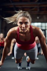 Fototapeta na wymiar Portrait of blonde woman working out at gym and doing fitness exercises. healthy concept