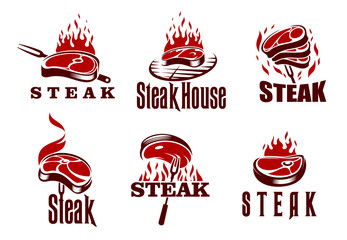 Steak grill icons, barbecue isolated vector emblems. Restaurant or steak house identity labels with grilled piece of meat, flaming fire, grid and fork. Bbq party symbols, set of vintage retro badges - obrazy, fototapety, plakaty
