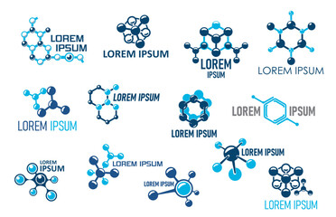 Molecule icons of vector science technology, medicine, chemistry and biology research. Molecular structure with blue atom grid isolated symbols, molecule formula models for modern emblems and icons