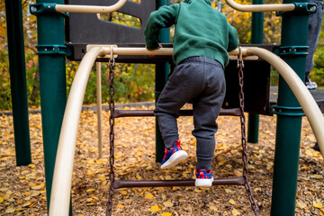 Toddler Boy Climbing on Chain Ladder on Playground in Fall - obrazy, fototapety, plakaty