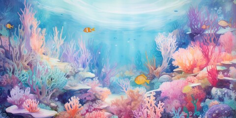 Fototapeta na wymiar Dreamy Underwater World: An ethereal representation of a surreal underwater world, featuring vibrant marine life, coral formations, and gentle currents in a vivid and enchanting color palette
