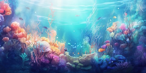 Fototapeta na wymiar Dreamy Underwater World: An ethereal representation of a surreal underwater world, featuring vibrant marine life, coral formations, and gentle currents in a vivid and enchanting color palette.