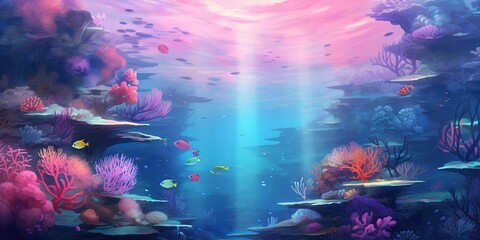 Fototapeta na wymiar Dreamy Underwater World: An ethereal representation of a surreal underwater world, featuring vibrant marine life, coral formations, and gentle currents in a vivid and enchanting color palette.