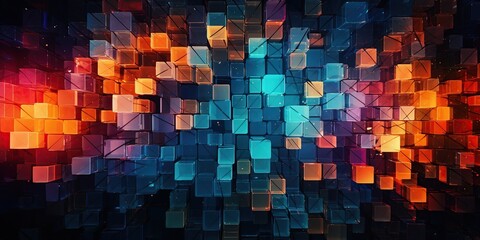 Dynamic Digital Mosaic: A dynamic and high-tech abstract mosaic composed of digital elements, with sharp lines, geometric shapes, and vibrant, contrasting colors, conveying a sense of modernity 