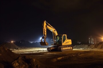 construction site at night excavator moving soil. Generative AI