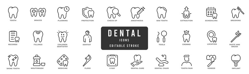 Dental icons editable stroke pictogram elements set. Tooth, dentist, implant etc. Editable stroke