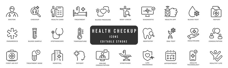 Health checkup line icon set. Medical care patient diagnosis icon collection. Editable strokes - obrazy, fototapety, plakaty