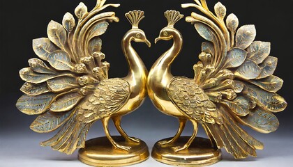 Metal Double Lovers Peacock Statue, Showpiece Standard, Gold Ai generative