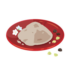 皿に盛られたそば粉とそばの花と実