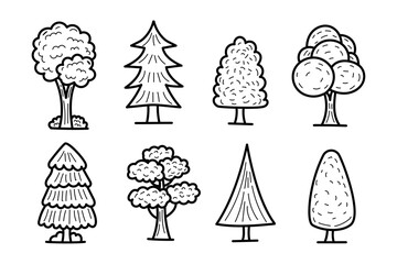 Set of tree doodle vector illustration on white background. Hand-drawn trees vector