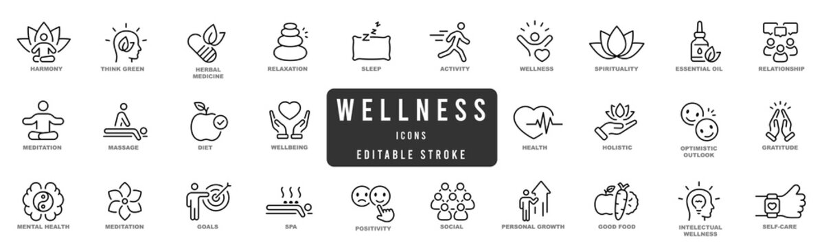 Wellness, wellbeing, mental health, healthcare. Set of line icons. Editable stroke