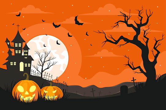 Halloween background with pumpkin and bats - Background Halloween with Fancy Elements Spider Web, Candles, Bats, Hand with Blood, Witch Hat, Skull with Bone. Halloween Elements on Orange Background.