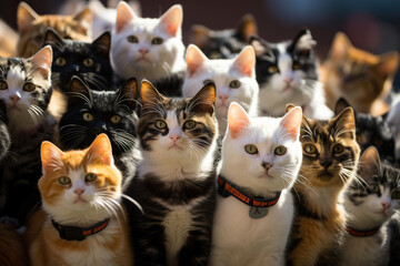 Many cats of different breeds are watching a performance, a match. The cats look directly at the camera. Generated by artificial intelligence