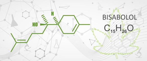 Fototapeta premium Bisabolol or levomenol molecule. It is natural monocyclic sesquiterpene alcohol, used in various fragrances. Skeletal chemical formula.