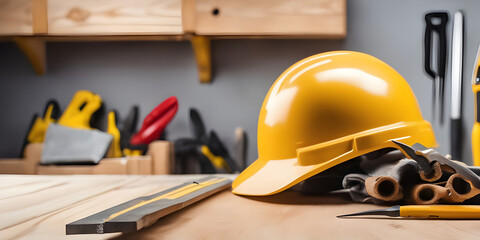 Fototapeta premium Wooden tabletop counter with construction helmet. in front out of focus Tool storage room. copy space.