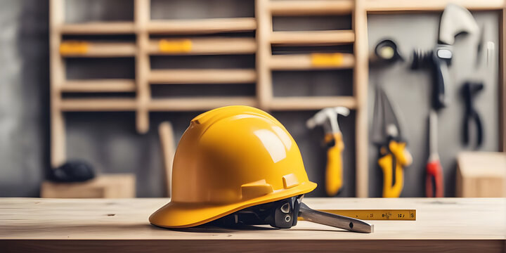 Wooden tabletop counter with construction helmet. in front out of focus Tool storage room. copy space.