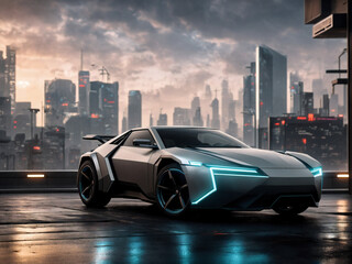 futuristic sports car stands in the background of cyberpunk city. Generative AI.