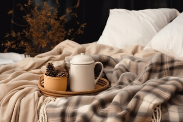 Fototapeta na wymiar A mug of cocoa stands on a large cozy blanket on the bed. home furnishings