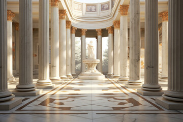 Ancient Greek temple interior with marble columns, statues, and classical art