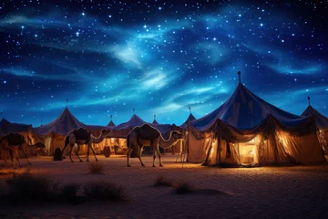 Gordijnen Arabian desert oasis with colorful tents, camels, and a starry night sky © Nino Lavrenkova