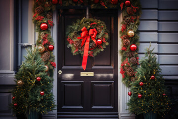 Fototapeta na wymiar Christmas wreath on the door. Expectation for the New Year and Christmas holidays
