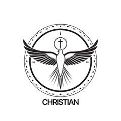 Christian Logo template with dove, pigeon. Black and white christian holy spirit symbol