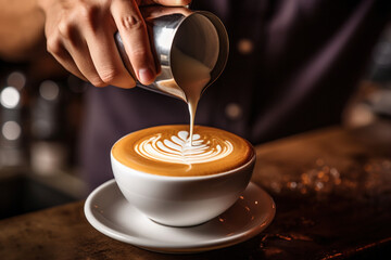 Fototapeta na wymiar An experienced barista draws a pattern on the milk foam in the coffee. Delicious cappuccino