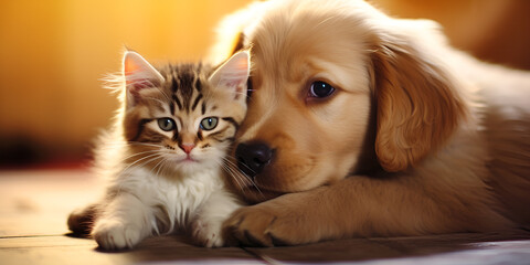 Fototapeta na wymiar Smiling purebred dog and playful kitten together ,There is a cat and dog laying on a bed together generative ai 