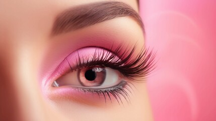 AI illustration of a young woman wearing pink makeup and long black false eyelashes - obrazy, fototapety, plakaty