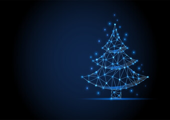 Christmas tree wireframe new year digital banner date vector sign. Xmas blue polygon tree with light and sparkles. Dot and line triangle blue futuristic polygonal design.