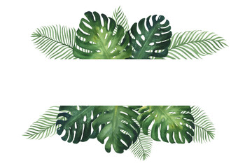 Watercolor illustration banner, frame or template composition of tropical monstera leaves. Green tropical plants, hand drawn, isolated