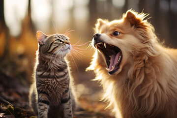 Satisfied cat and angry dog in nature. Funny furry pets. Created using artificial intelligence.