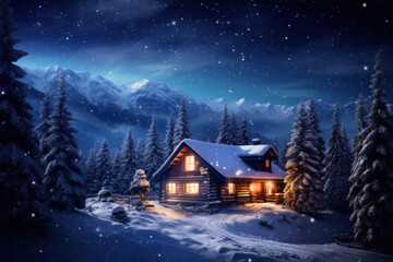 Winter Evening at a Mountain Chalet Under a Starry Sky