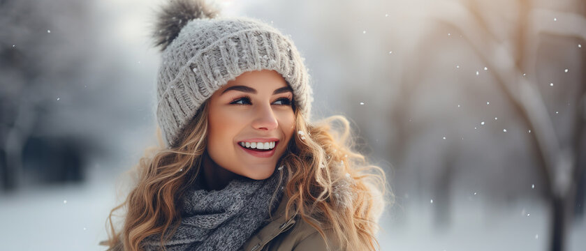 Image of a woman in the winter, with winter landscape bokeh in the  background, with empty copy space