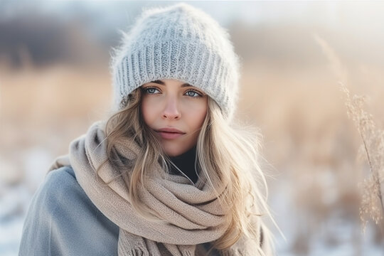 Image of a woman in the winter, with winter landscape bokeh in the  background, with empty copy space