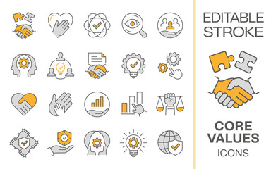 Core values icons, such as business, social responsibility, mission, integrity and more. Editable stroke.