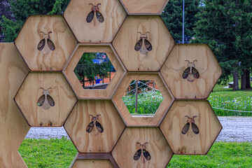 Close up of wooden bee house