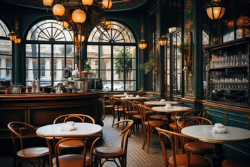 Fototapeta na wymiar Elegant Parisian cafe with wrought iron tables, croissants, and espresso