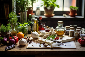 Obraz na płótnie Canvas Sunny Kitchen Counter with Fresh Ingredients
