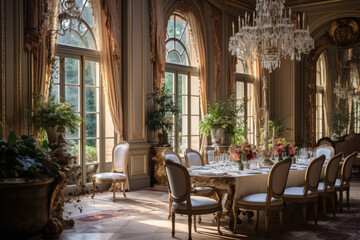 Fototapeta na wymiar French chateau-style dining room with crystal chandeliers and elegant furnishings